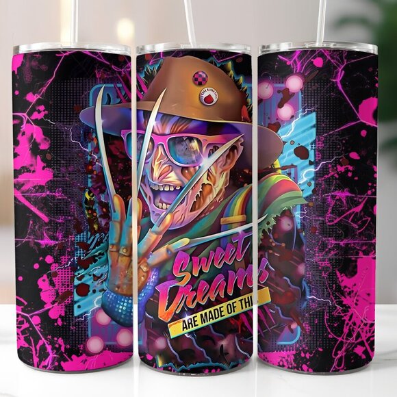 Freddy Sweet Dreams Horror Movie Character Neon Rave 20oz Skinny Tumbler - Picture 1 of 4
